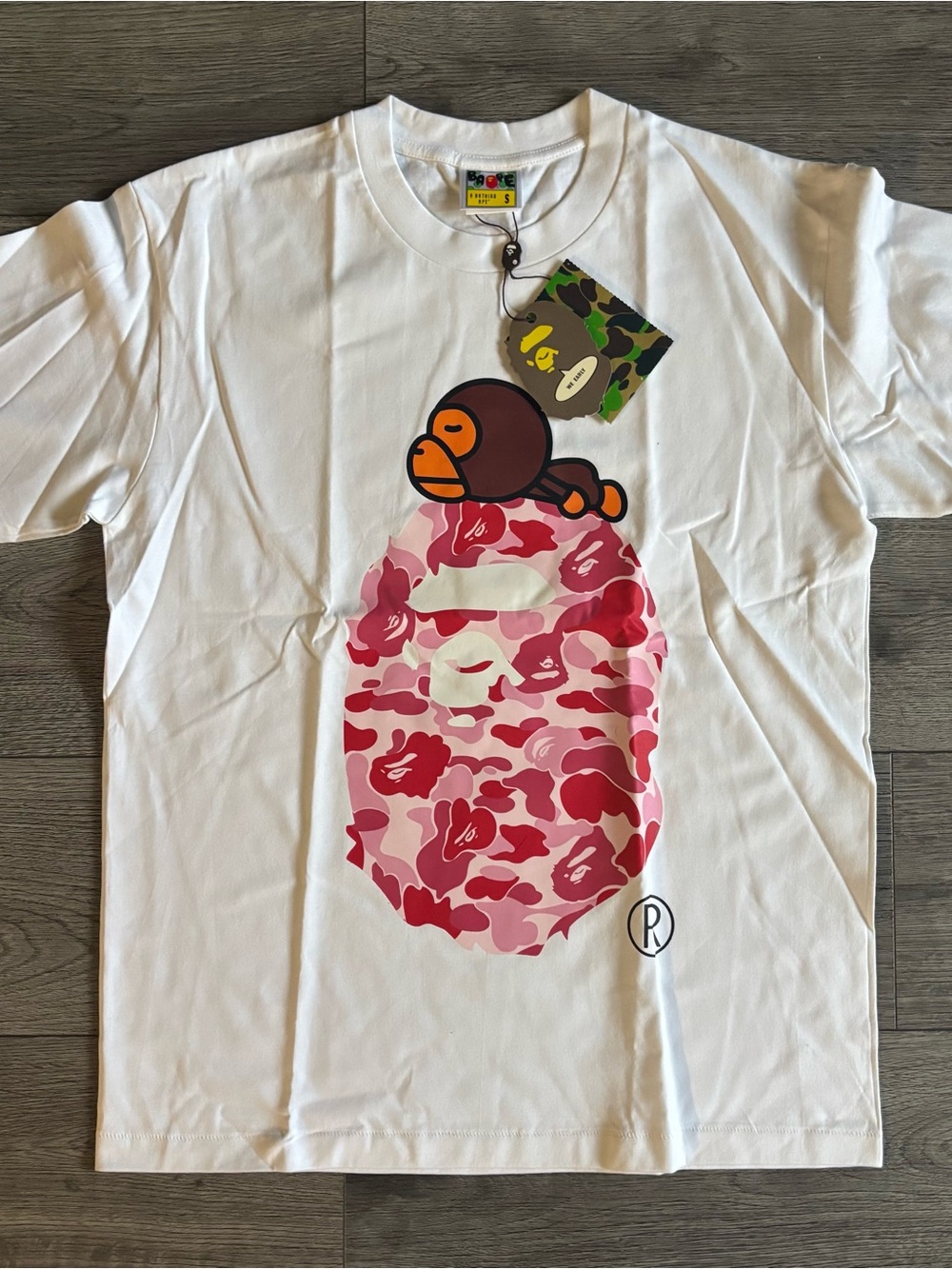 White T-Shirt with Pink Camo Ape Head and Baby Milo